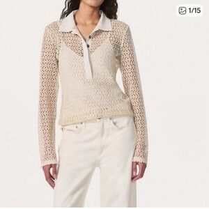 Rag & Bone Liv Mesh LS Polo Shirt -Turtledove Women.$298